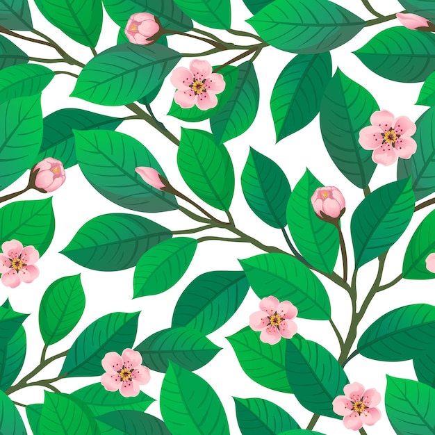 Floral seamless pattern. Cherry blossom. Vector illustration of leaves and flowers. Spring backgroun