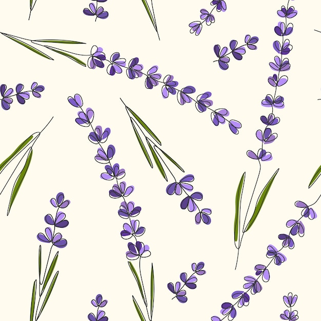Floral seamless Pattern Continuous Line drawn branches of Lavender Cute summer background with hand drawn fFowers