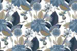 Vector floral seamless pattern. flower background. seamless pattern with blue cornflowers, dahlias, thistles flowers, blue, brown leaves. floral elements isolated on white background.