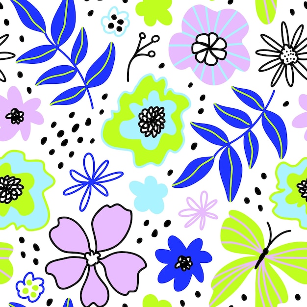 花のシームレスなパターン花は蝶を残しますベクトルの背景モダンなフラットスタイルのメンフィスかわいいデザイン手描きイラストプリント生地テキスタイル壁紙のテクスチャ