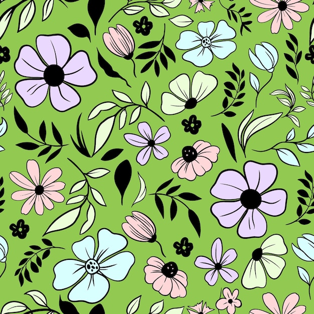 Vector floral seamless pattern flowers shape vector full color doodle flat