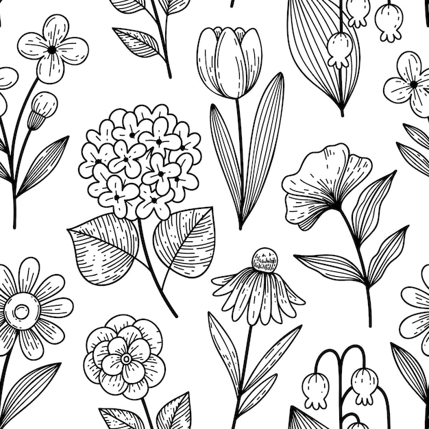 Floral seamless pattern in graphic style Background with black and white flowers of hydrangea