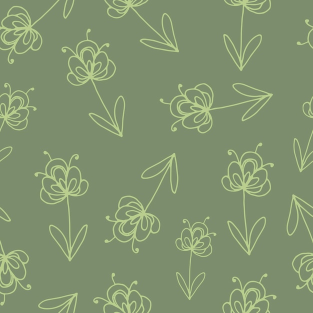 라인 아트 스타일의 꽃 원활한 패턴입니다. 꽃, 잎, 잔가지의 추상 식물 인쇄. 섬유 디자인 텍스처입니다. 봄 꽃 배경입니다. 벡터 일러스트 레이 션.