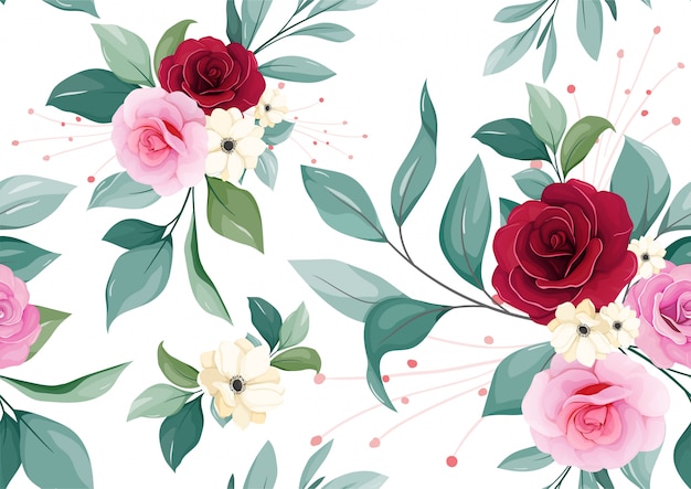 Цветочные бесшовные модели бордового, румян, лиловая роза, белый цветок анемона, и листья на белом фоне