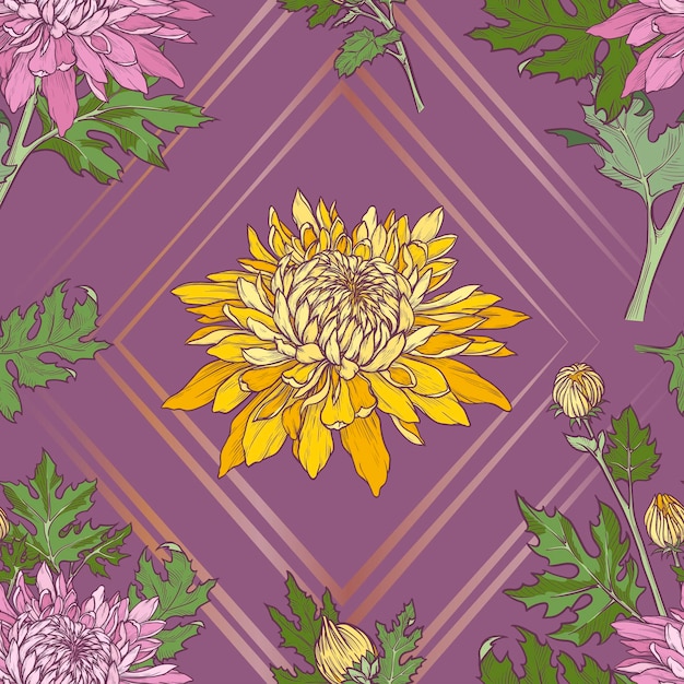 벡터 손으로 그린 꽃의 무 없는 꽃 패턴 꽃의 터 패턴 보라색 배경