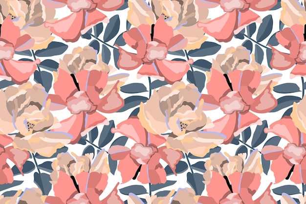 floral seamless pattern. Pink beige flowers blue leave