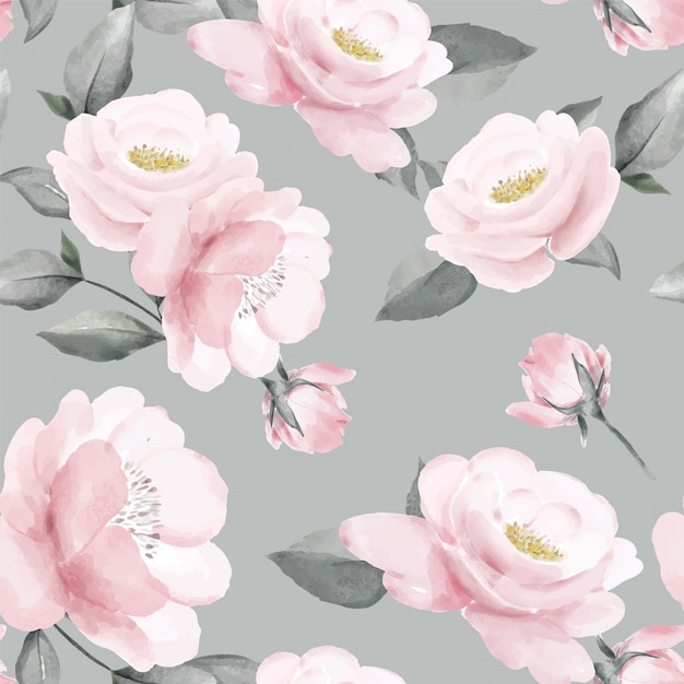 Vector floral seamless pattern pink rose bouquet watercolor greenery leaf art