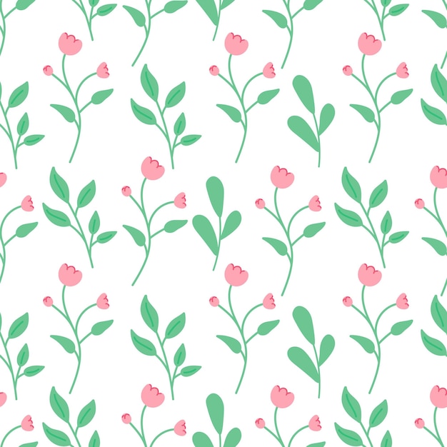 Floral seamless pattern Pink roses and green leaves vector illustration isolated on white background