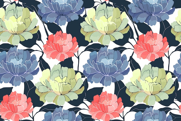 Floral seamless pattern. pink, yellow, blue garden flowers with navy blue branches and leaves