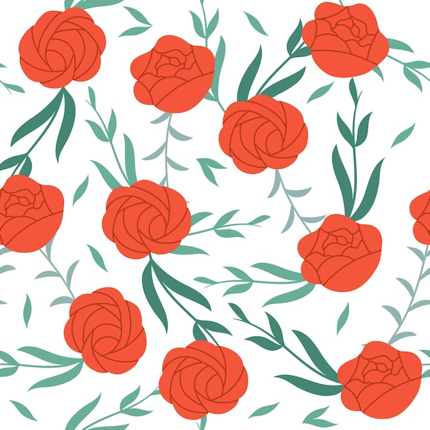 Floral seamless pattern Red roses and green plants on white background