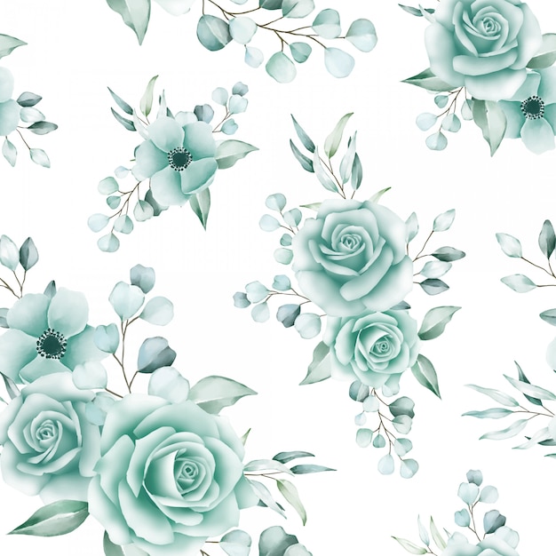 Floral seamless pattern of roses and eucalyptus leaves