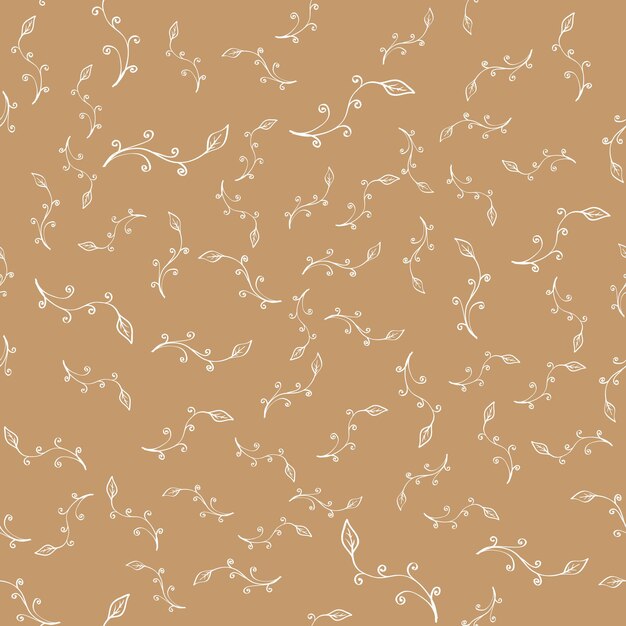 Floral seamless pattern. sketchy hand drawn branches randomly placed on brown background.