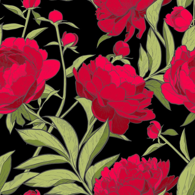 Floral seamless pattern Vintage peony background Hand drawn vector illustration