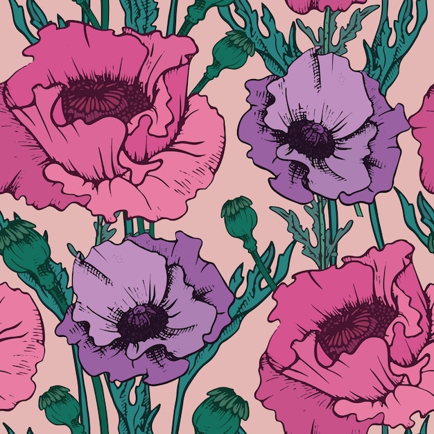 Floral seamless pattern. Vintage style, hand-drawn, imitation ink. Poppy flowers, buds, leaves, poppy heads will form a continuous pattern. Delicate pastel colors: violet, lilac, pink.