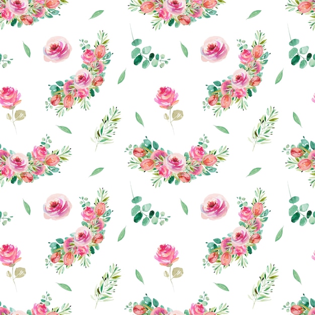 Floral seamless pattern of watercolor pink roses greenery and eucalyptus branches