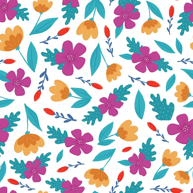 Vector floral seamless pattern with abstract flowers and leaves on white background