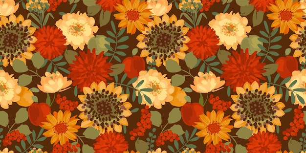 Vector floral seamless pattern with autumn flowers leaves and apples vector background for various surface hand drawn textures