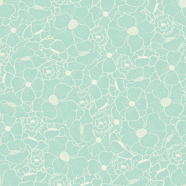 Vector floral seamless pattern with beautiful flowers on mint background