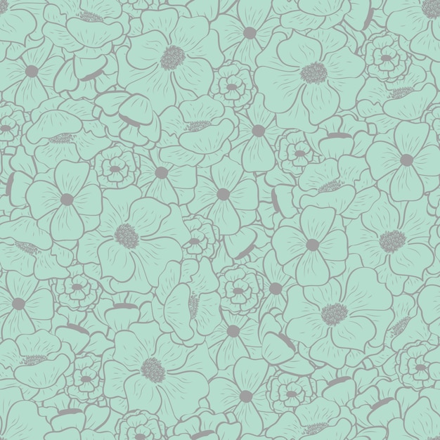 Floral seamless pattern with beautiful flowers on mint background