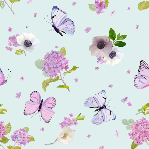 Floral Seamless Pattern with Blooming Hydrangea Flowers and Flying Butterflies in Watercolor Style