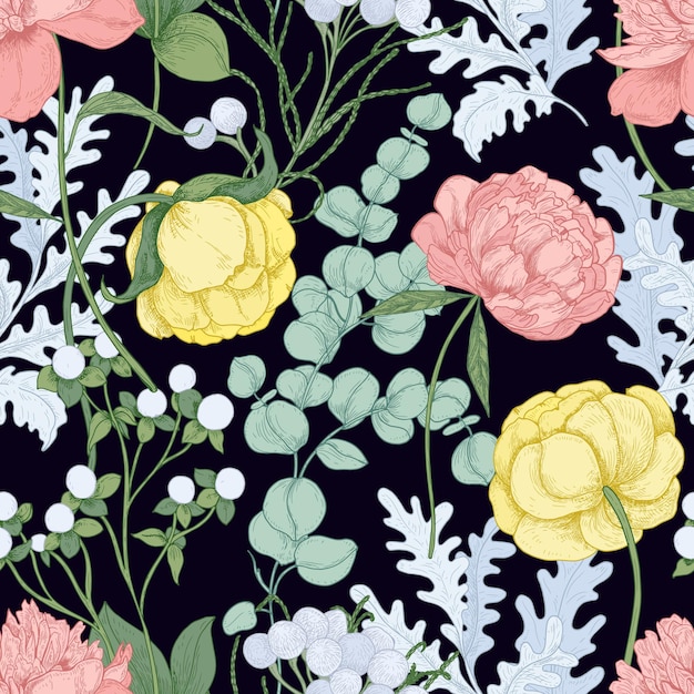 Floral seamless pattern with blooming peonies, ranunculus, eucalyptus gunnii on black