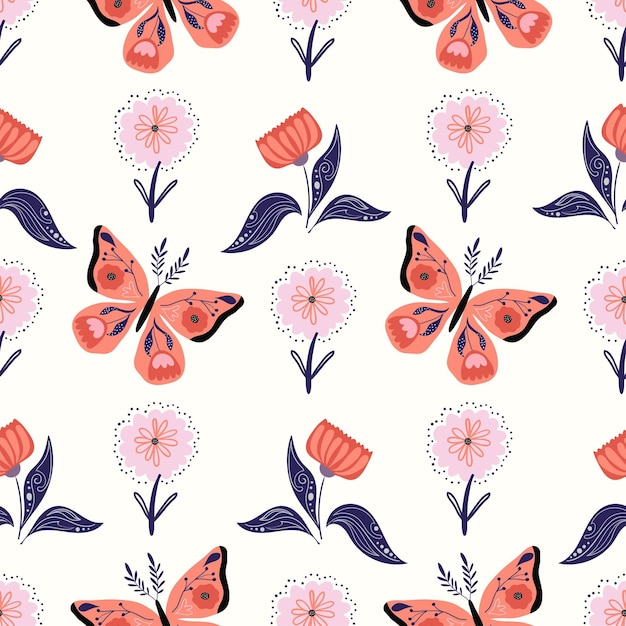 Vector floral seamless pattern with butterflies and flowers folk style decorative wallpaper