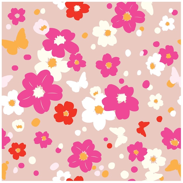 Floral seamless pattern with butterflies and flowers
