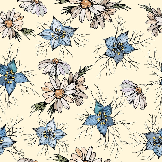 Floral seamless pattern with chamomile and cornflowers meadow flowers