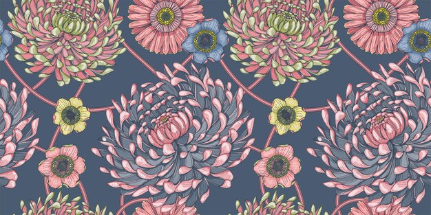 Floral seamless pattern with chrysanthemums and magnolia