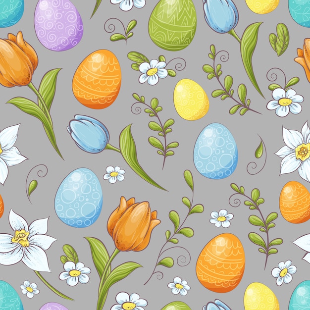 Цветочный бесшовный узор с яйцами и стилизованными цветами