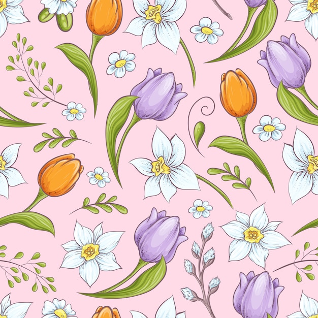 Floral seamless pattern with eggs and stylized flowers