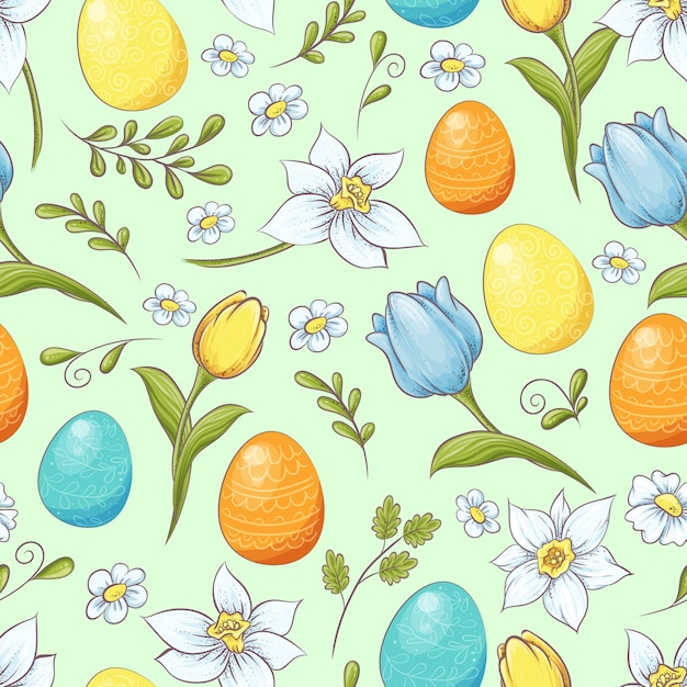 Floral seamless pattern with eggs and stylized flowers.