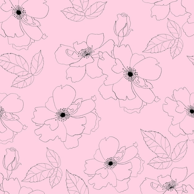 Floral seamless pattern with flower on pink background Aesthetic modern art linear hand drawn