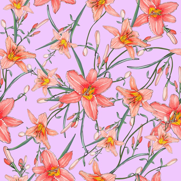 Vector floral seamless pattern with flowers lilies.