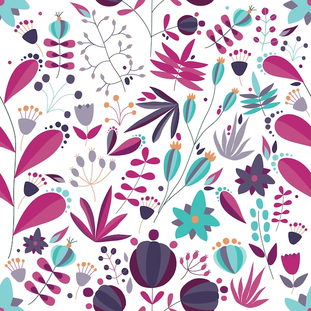 Floral seamless pattern with flowers and plants in white background.