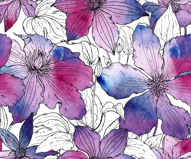 Floral seamless pattern on with hand drawn clematis flowers