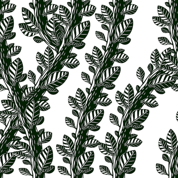 Vector floral seamless pattern with leaves and branches, vector green fabric background. tangled stems, garden and forest nature life theme.