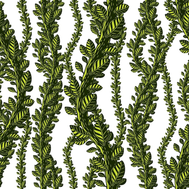 Vector floral seamless pattern with leaves and branches, vector green fabric background. tangled stems, garden and forest nature life theme.