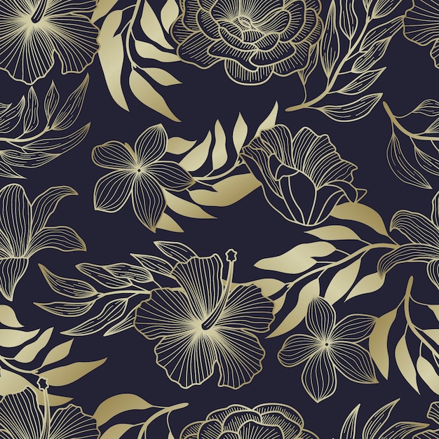 Vector floral seamless pattern with leaves gold outline tropical background