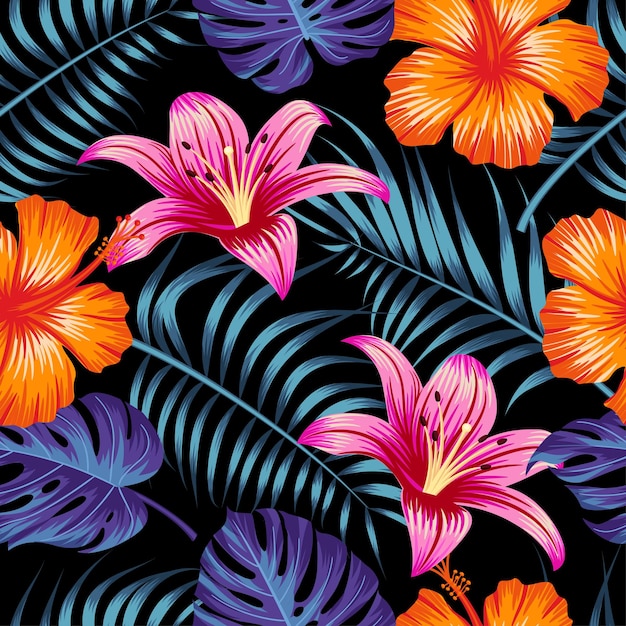 Floral seamless pattern with leaves tropical background