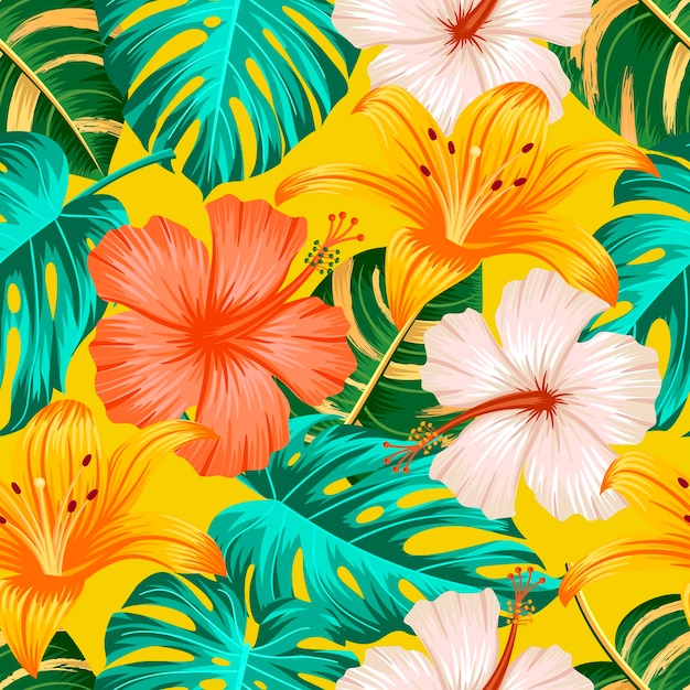 Floral seamless pattern with leaves. tropical background