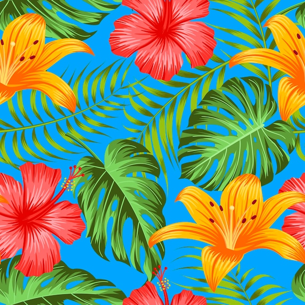 Vector floral seamless pattern with leaves tropical background