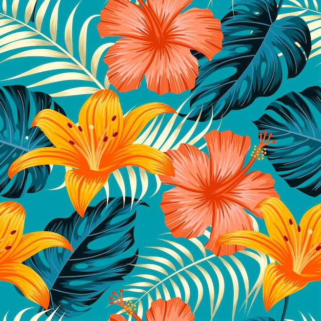 Floral seamless pattern with leaves tropical background