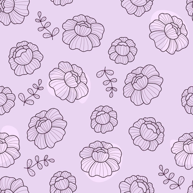 밝은 보라색 배경에 선형 꽃과 꽃 원활한 패턴 미적 현대 손으로 그린