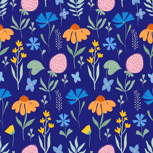 Floral seamless pattern with meadow flowers and plants