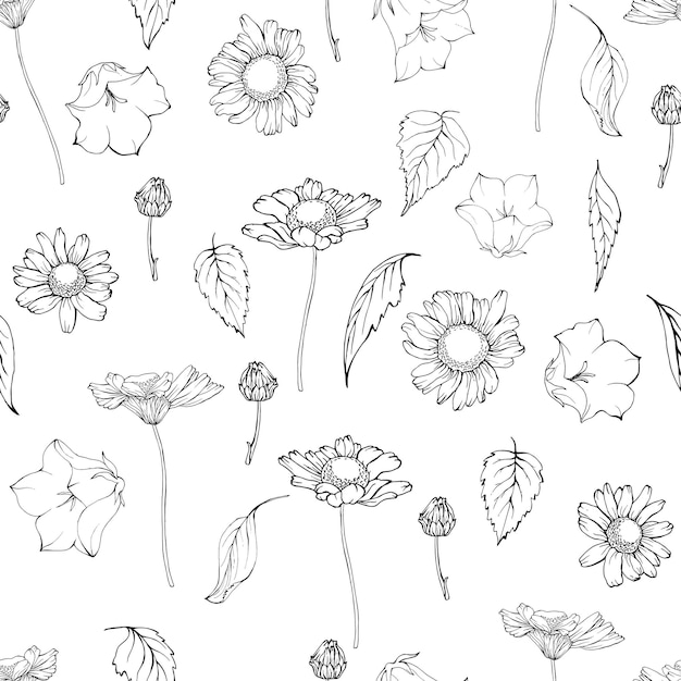 Floral seamless pattern with outline flowers chamomiles and bells and leaves.