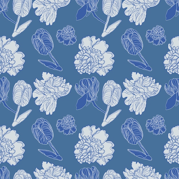 Floral seamless pattern with peonies and tulips Porcelain vibes
