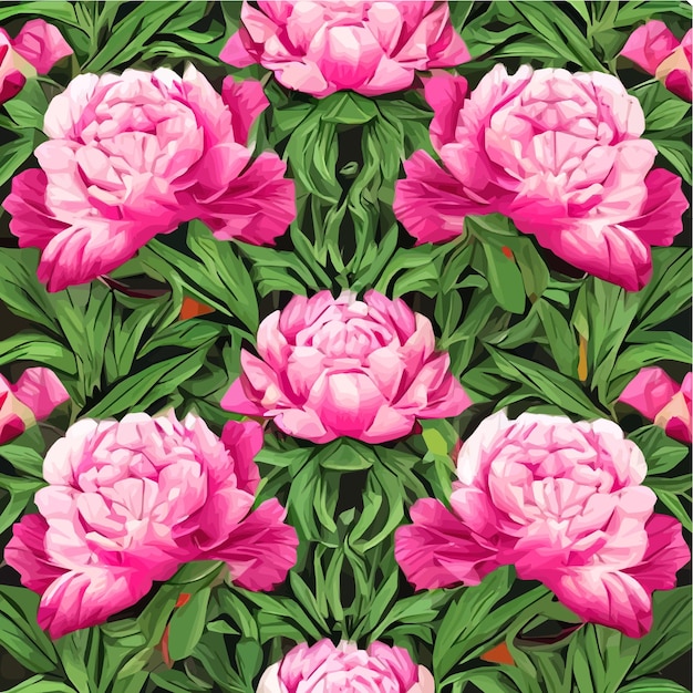 Цветочный бесшовный узор с розовыми цветами пионов и зелеными листьями на цветных