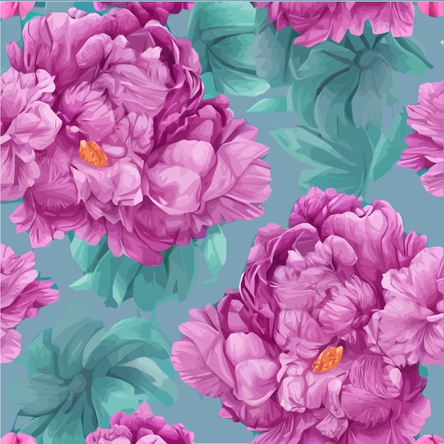 Цветочный бесшовный узор с розовыми цветами пионов и зелеными листьями на цветных