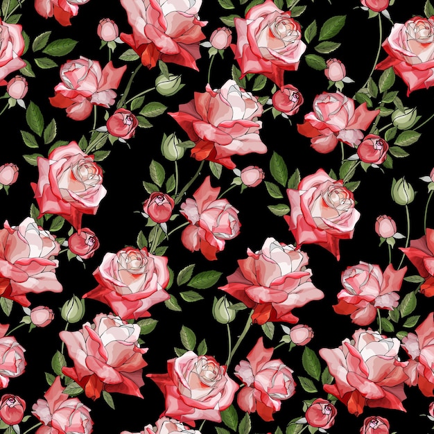 Floral seamless pattern with pink and red roses and green leaves on black background Hand drawn